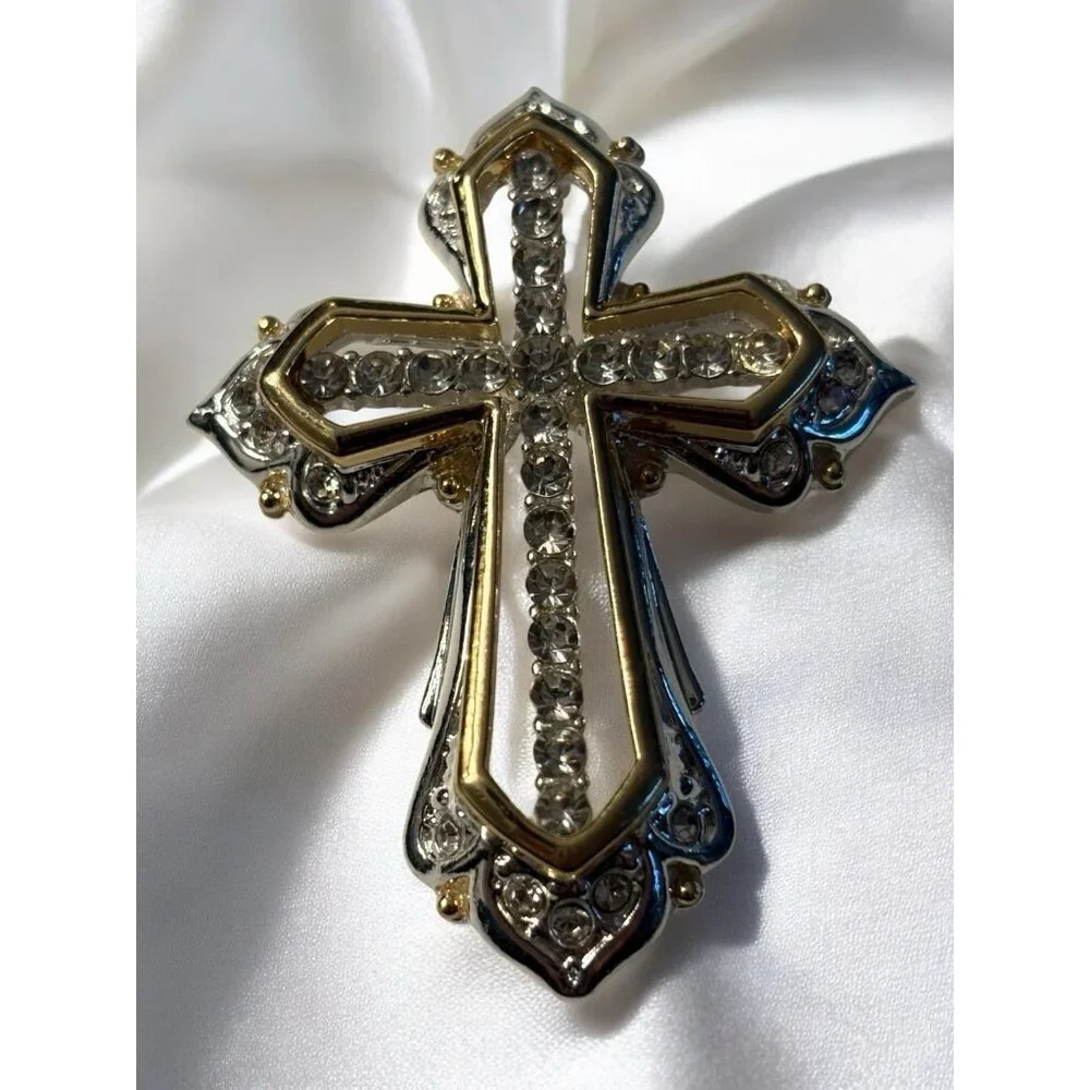 Napier Cross Brooch Pin Gold & Silver Tone Clear Rhinestones Open Work Religious